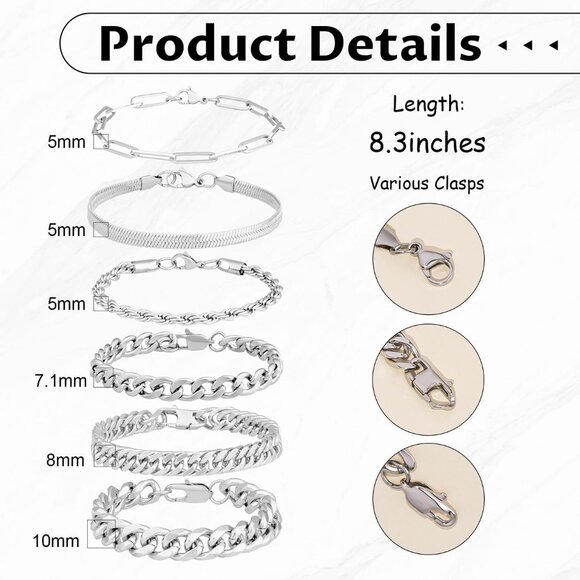 6Pcs Stainless Steel Bracelets for Men Cuban Link Rope Paperclip Chain Bracelets - Picture 5 of 7